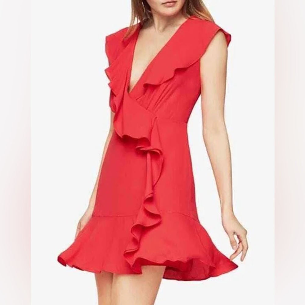 BCBGMaxAzria Deborah Ruffle Cascading Dress Red Orange EUC 4